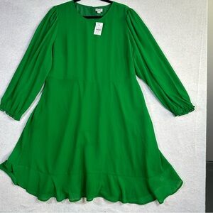 J.Crew Green Dress Womens 18 Plus Long Sleeve Ruffle Hem Easter Church Spring